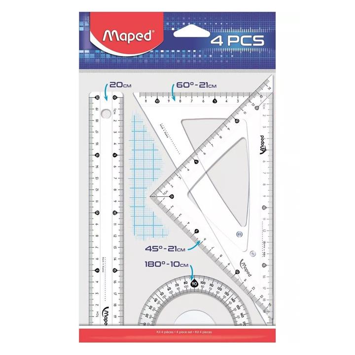 ست خط کش گونیا و نقاله مپد مدل کریستال کد 21cm بسته 4 عددی